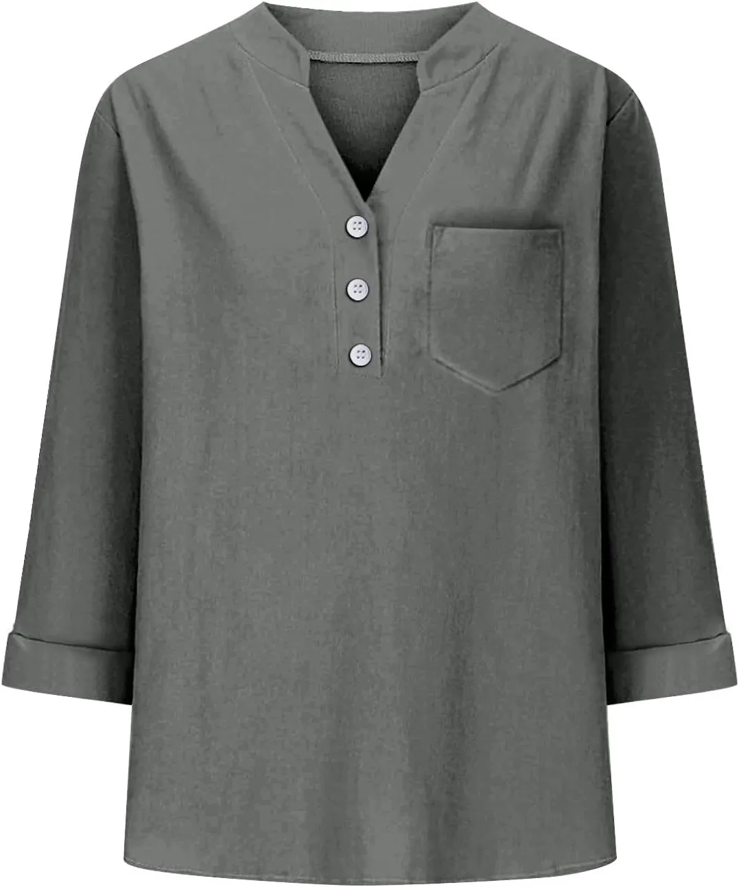 Linen Shirts for Women 3/4 Sleeve Button Down V-Neck Tops with Chest Pocket Summer Breathable Lightweight Beach Shirts