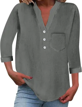 Linen Shirts for Women 3/4 Sleeve Button Down V-Neck Tops with Chest Pocket Summer Breathable Lightweight Beach Shirts