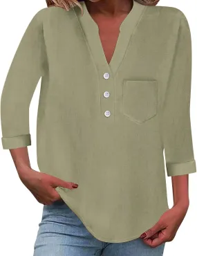 Linen Shirts for Women 3/4 Sleeve Button Down V-Neck Tops with Chest Pocket Summer Breathable Lightweight Beach Shirts