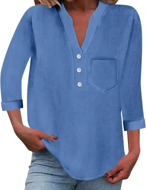 Linen Shirts for Women 3/4 Sleeve Button Down V-Neck Tops with Chest Pocket Summer Breathable Lightweight Beach Shirts