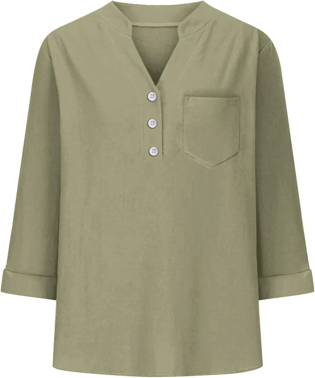 Linen Shirts for Women 3/4 Sleeve Button Down V-Neck Tops with Chest Pocket Summer Breathable Lightweight Beach Shirts