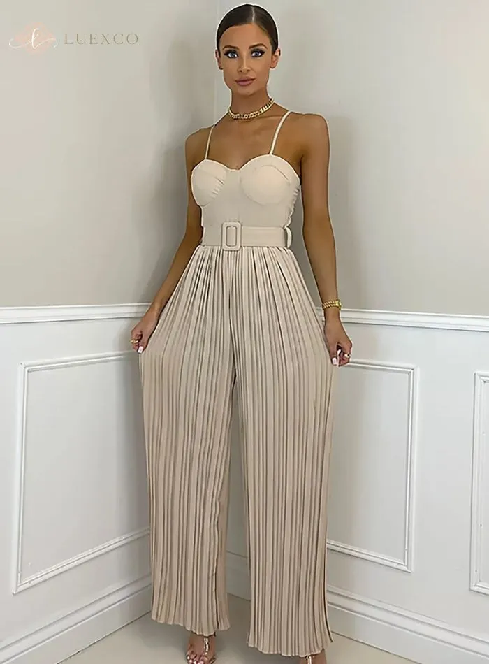 Luexco Prim Chic Pleated Jumpsuit Wide-Leg Sleeveless Romper