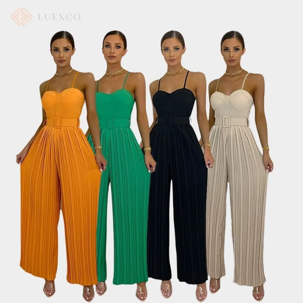 Luexco Prim Chic Pleated Jumpsuit Wide-Leg Sleeveless Romper
