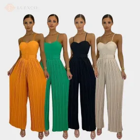 Luexco Prim Chic Pleated Jumpsuit Wide-Leg Sleeveless Romper