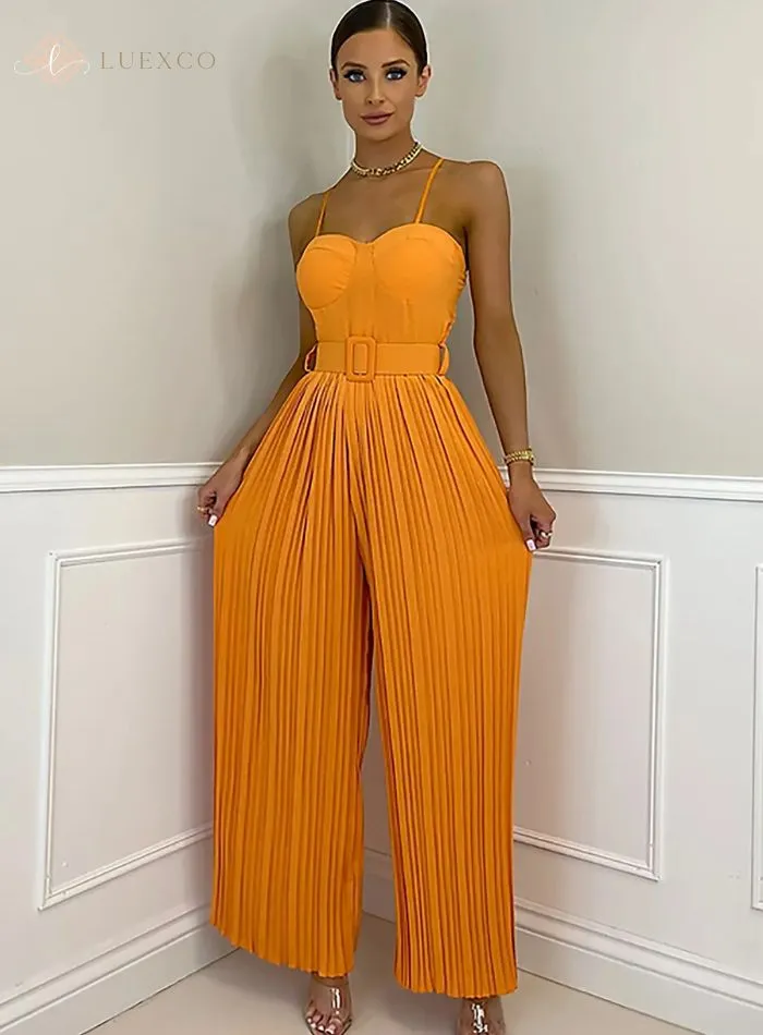 Luexco Prim Chic Pleated Jumpsuit Wide-Leg Sleeveless Romper