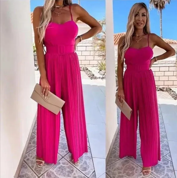 Luexco Prim Chic Pleated Jumpsuit Wide-Leg Sleeveless Romper
