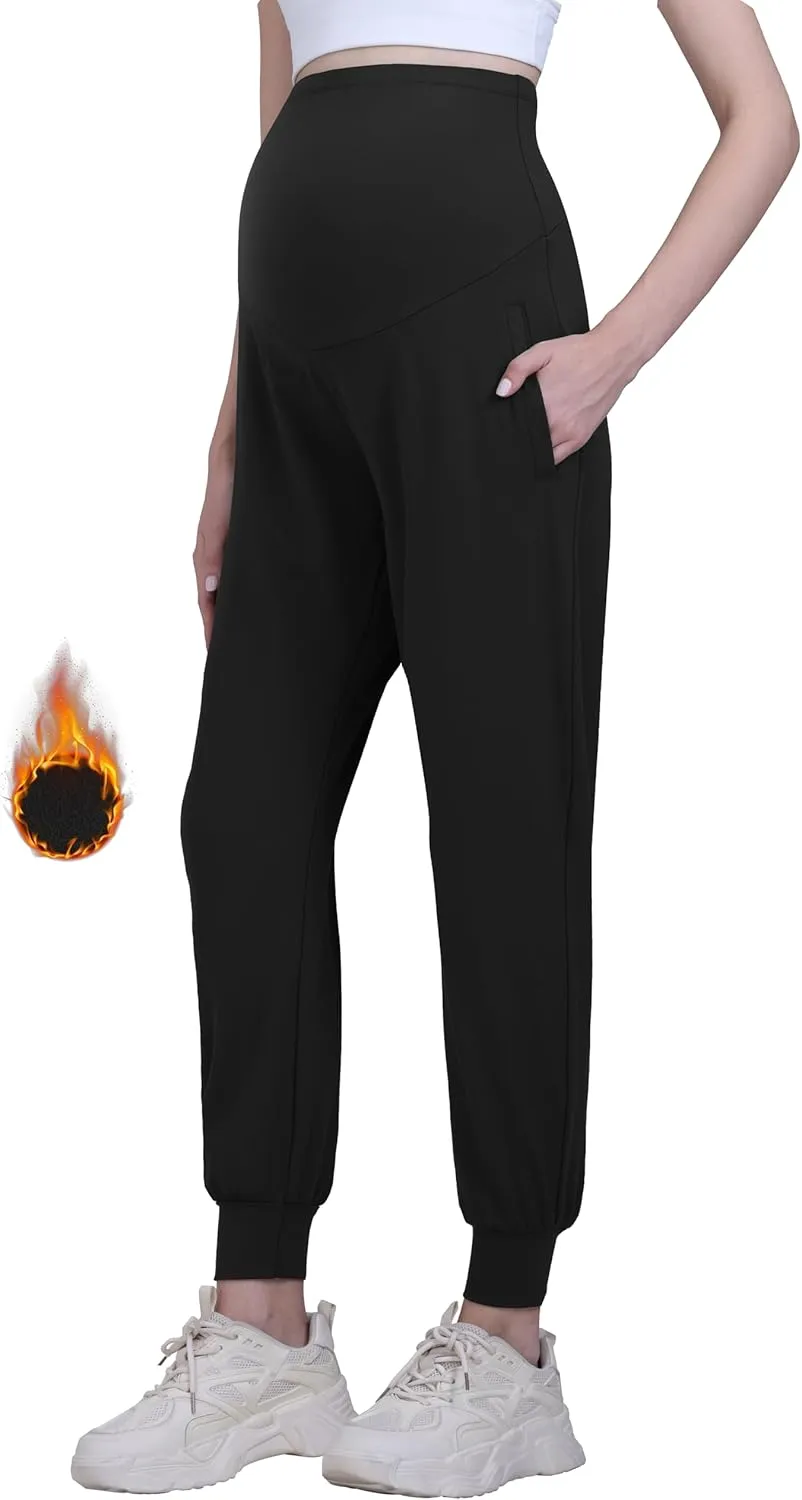 Maternity Joggers Fleece Lined Maternity Sweatpants Stretchy Workout Casual Pregnancy Pants with Pockets