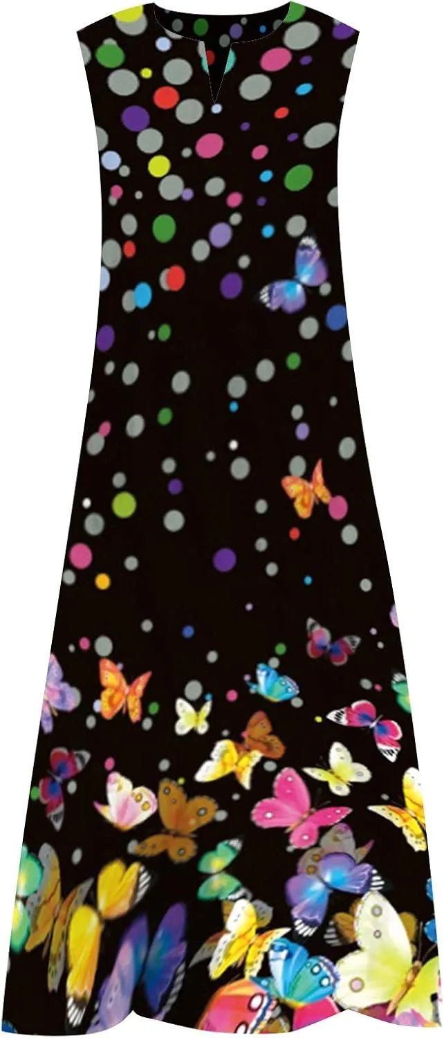 Maxi Dresses for Women 2024 Casual Plus Size Printed Sundresses with Pockets Trendy V Neck Sun Dress Summer Dress