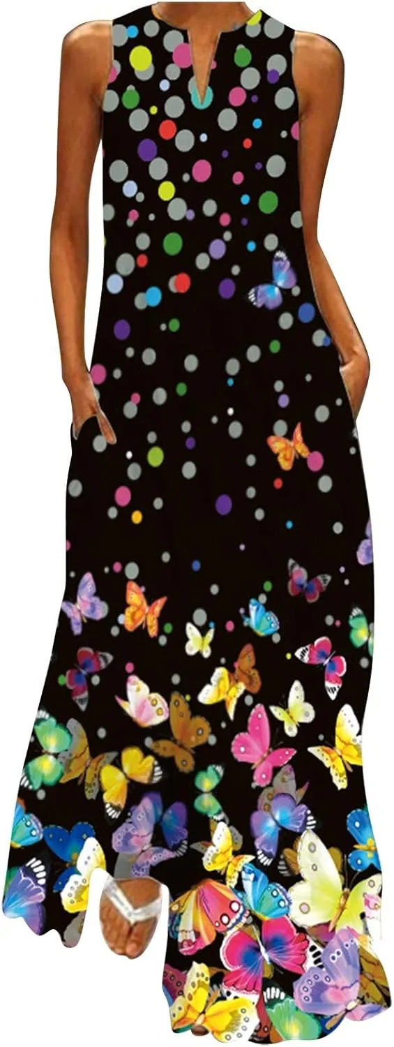 Maxi Dresses for Women 2024 Casual Plus Size Printed Sundresses with Pockets Trendy V Neck Sun Dress Summer Dress