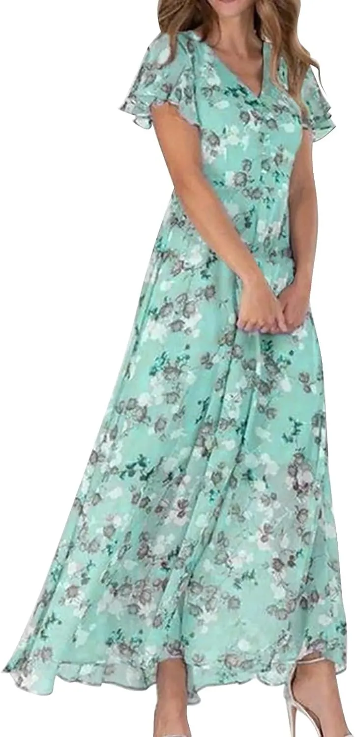 Maxi Dresses for Women Floral Print Flowy Chiffon Long Dress V Neck Ruffle Sleeve High Waist Vacation Summer Dress