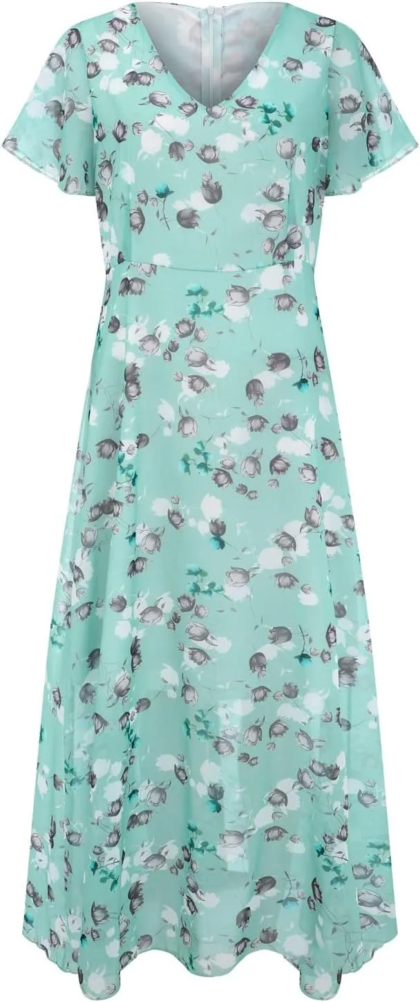 Maxi Dresses for Women Floral Print Flowy Chiffon Long Dress V Neck Ruffle Sleeve High Waist Vacation Summer Dress