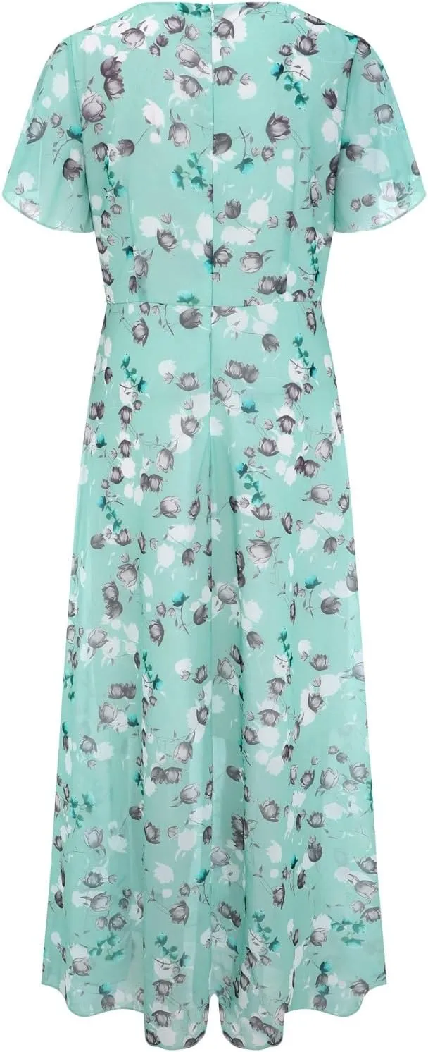 Maxi Dresses for Women Floral Print Flowy Chiffon Long Dress V Neck Ruffle Sleeve High Waist Vacation Summer Dress