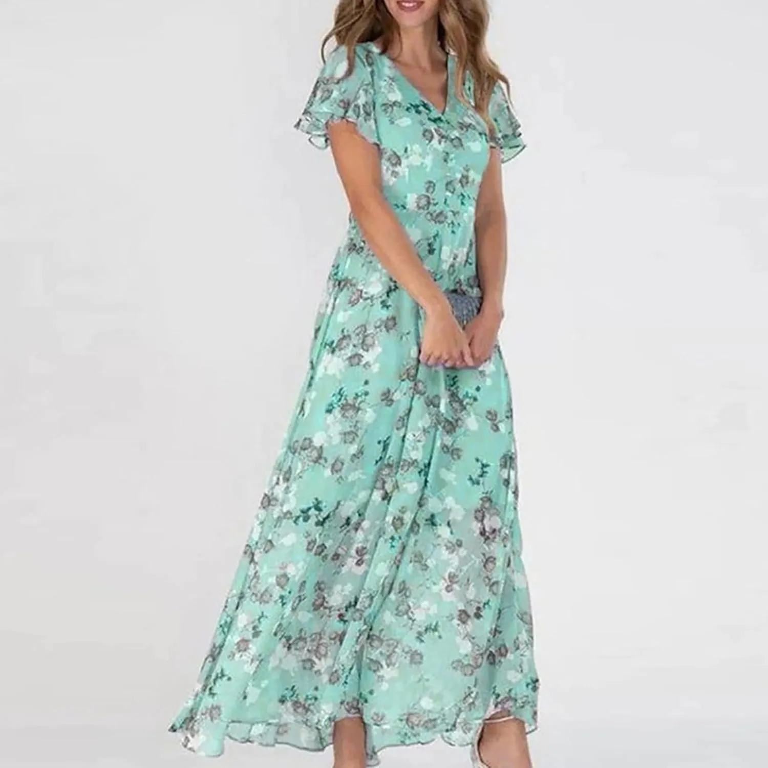 Maxi Dresses for Women Floral Print Flowy Chiffon Long Dress V Neck Ruffle Sleeve High Waist Vacation Summer Dress