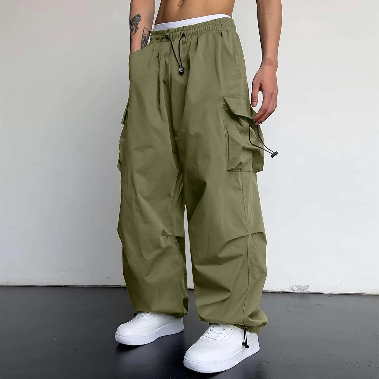 Men's Baggy Cargo Pants Casual Parachute Pant Drawstring Elastic Waist Loose Fit Athletic Joggers Sweatpants with Pockets