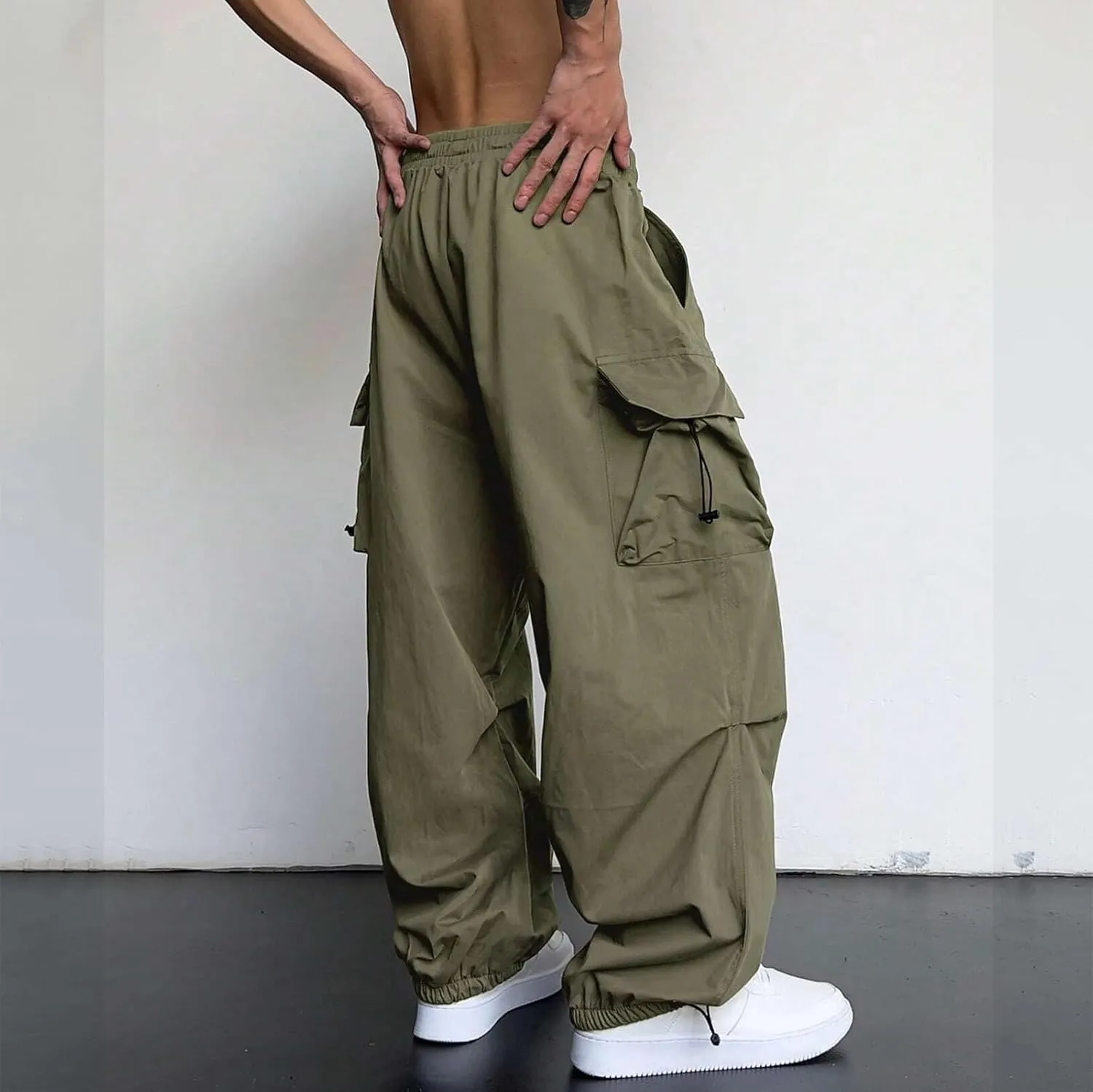 Men's Baggy Cargo Pants Casual Parachute Pant Drawstring Elastic Waist Loose Fit Athletic Joggers Sweatpants with Pockets