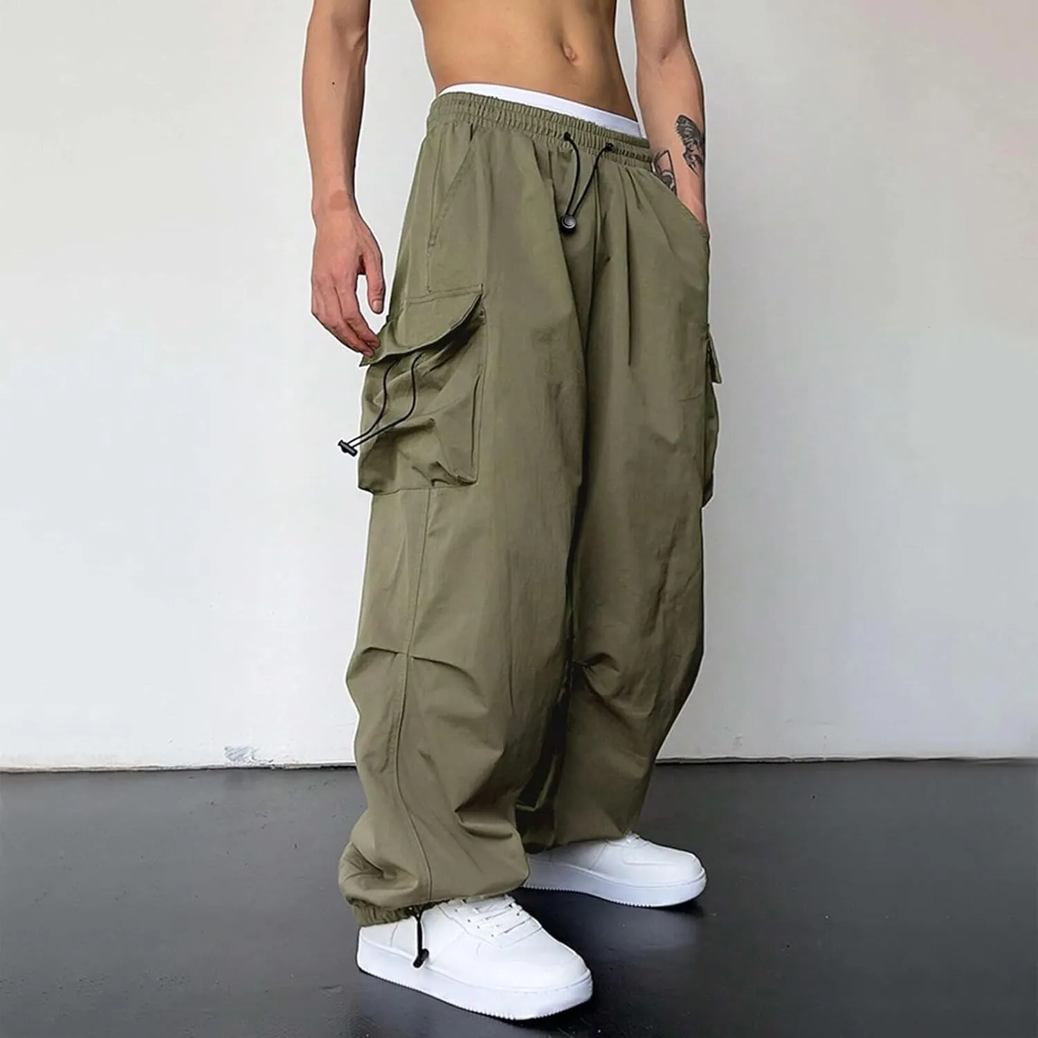 Men's Baggy Cargo Pants Casual Parachute Pant Drawstring Elastic Waist Loose Fit Athletic Joggers Sweatpants with Pockets