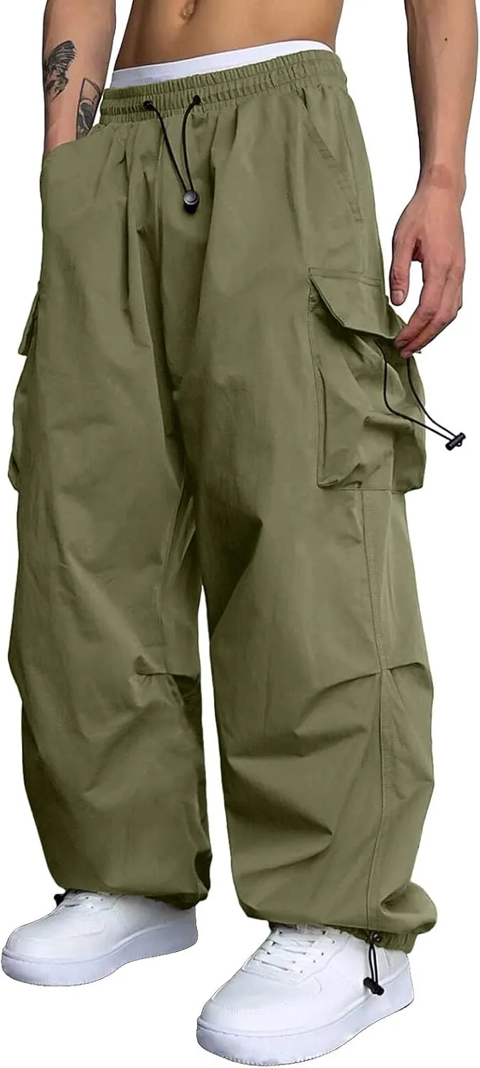 Men's Baggy Cargo Pants Casual Parachute Pant Drawstring Elastic Waist Loose Fit Athletic Joggers Sweatpants with Pockets