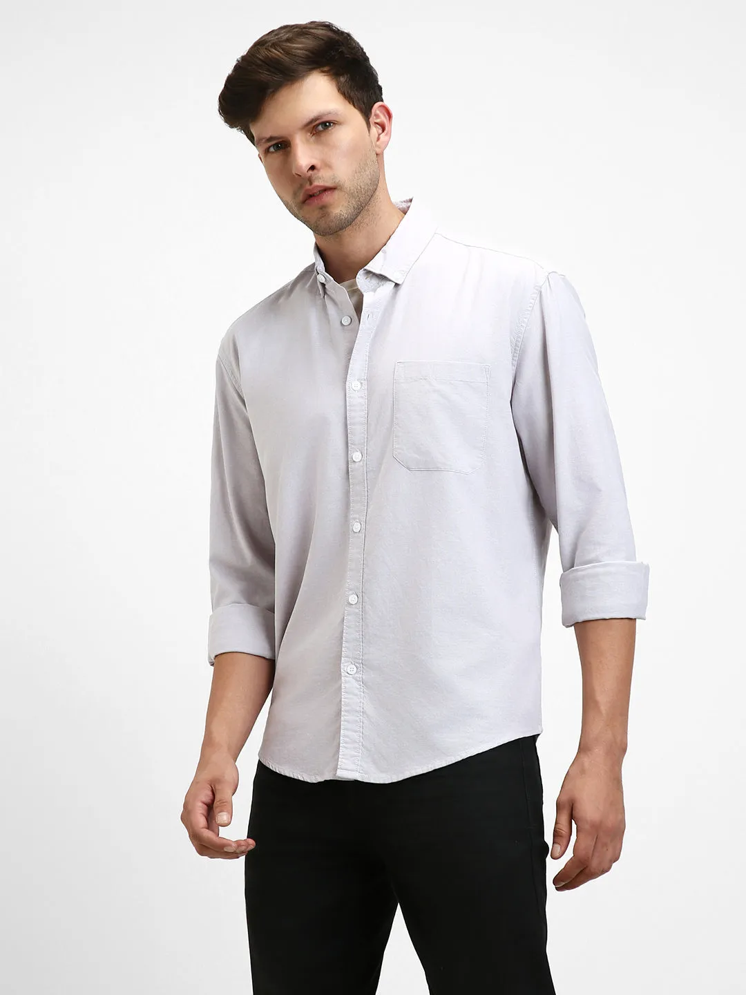 Men's Button Down Collar Regular Fit Solid Khaki Casual Shirts