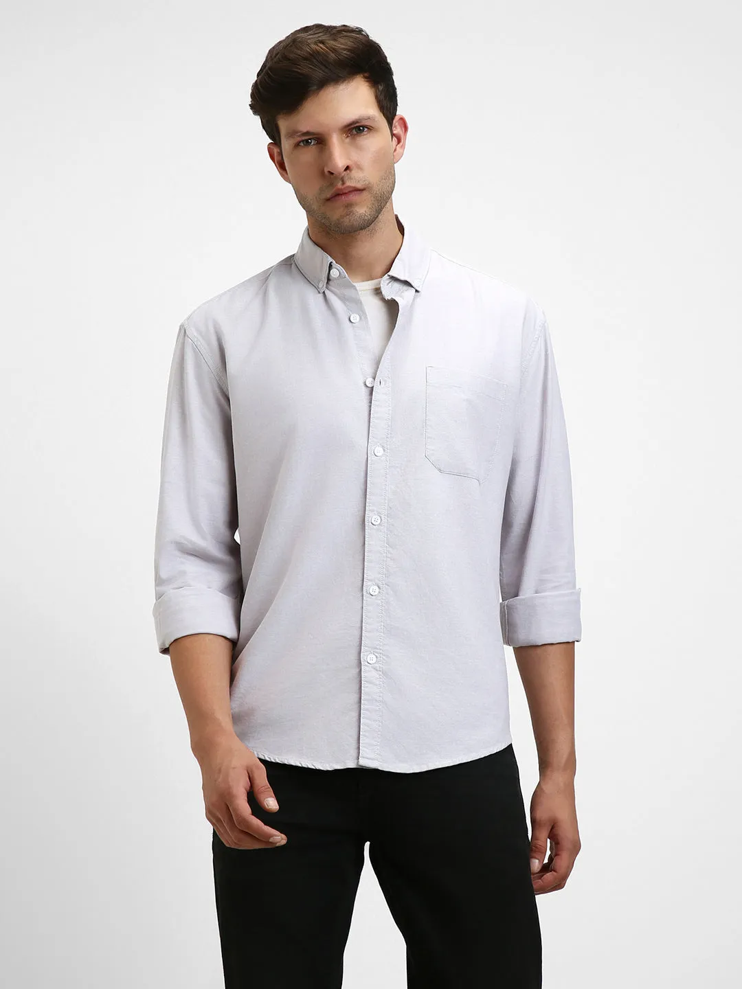Men's Button Down Collar Regular Fit Solid Khaki Casual Shirts