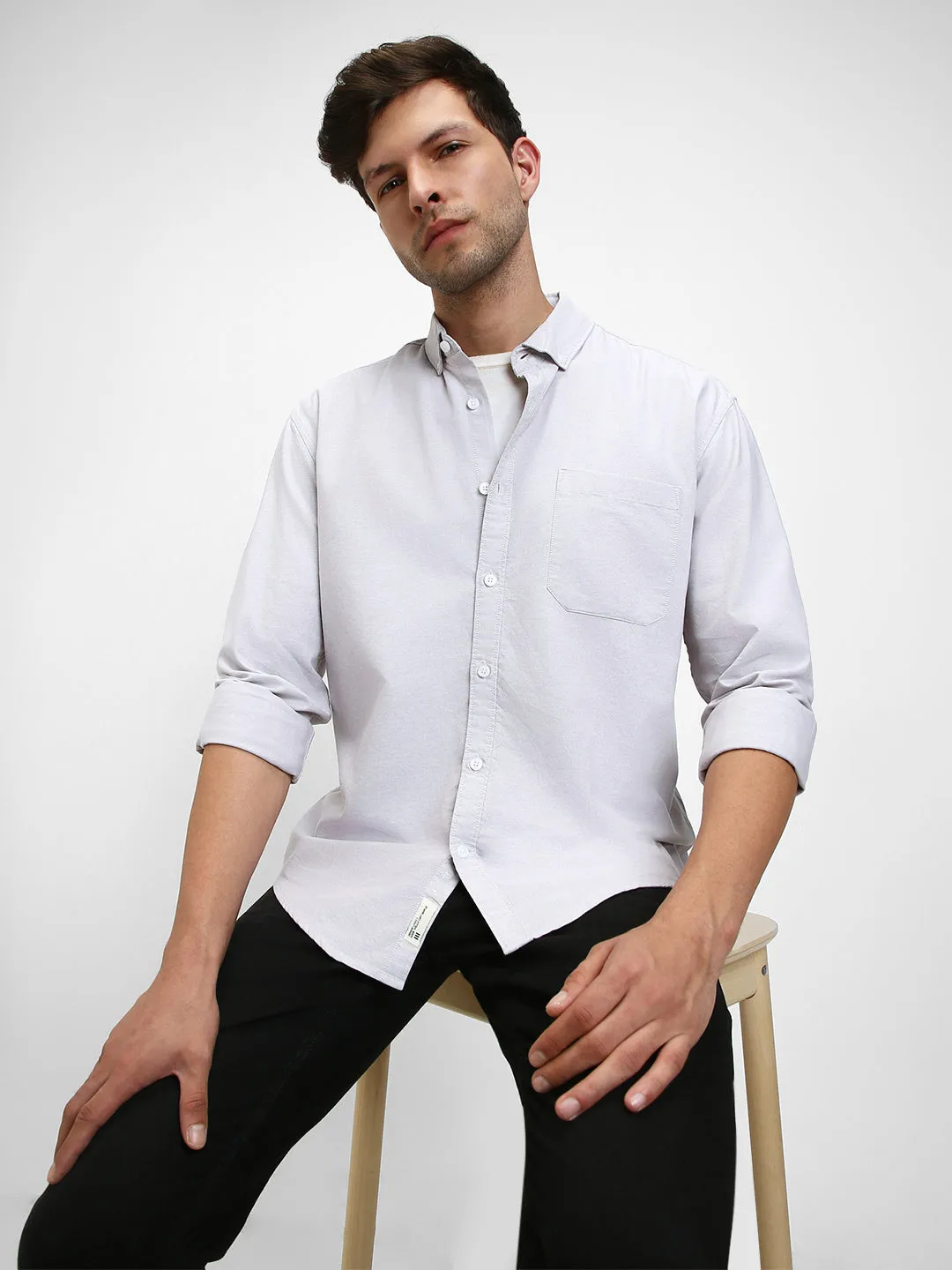 Men's Button Down Collar Regular Fit Solid Khaki Casual Shirts