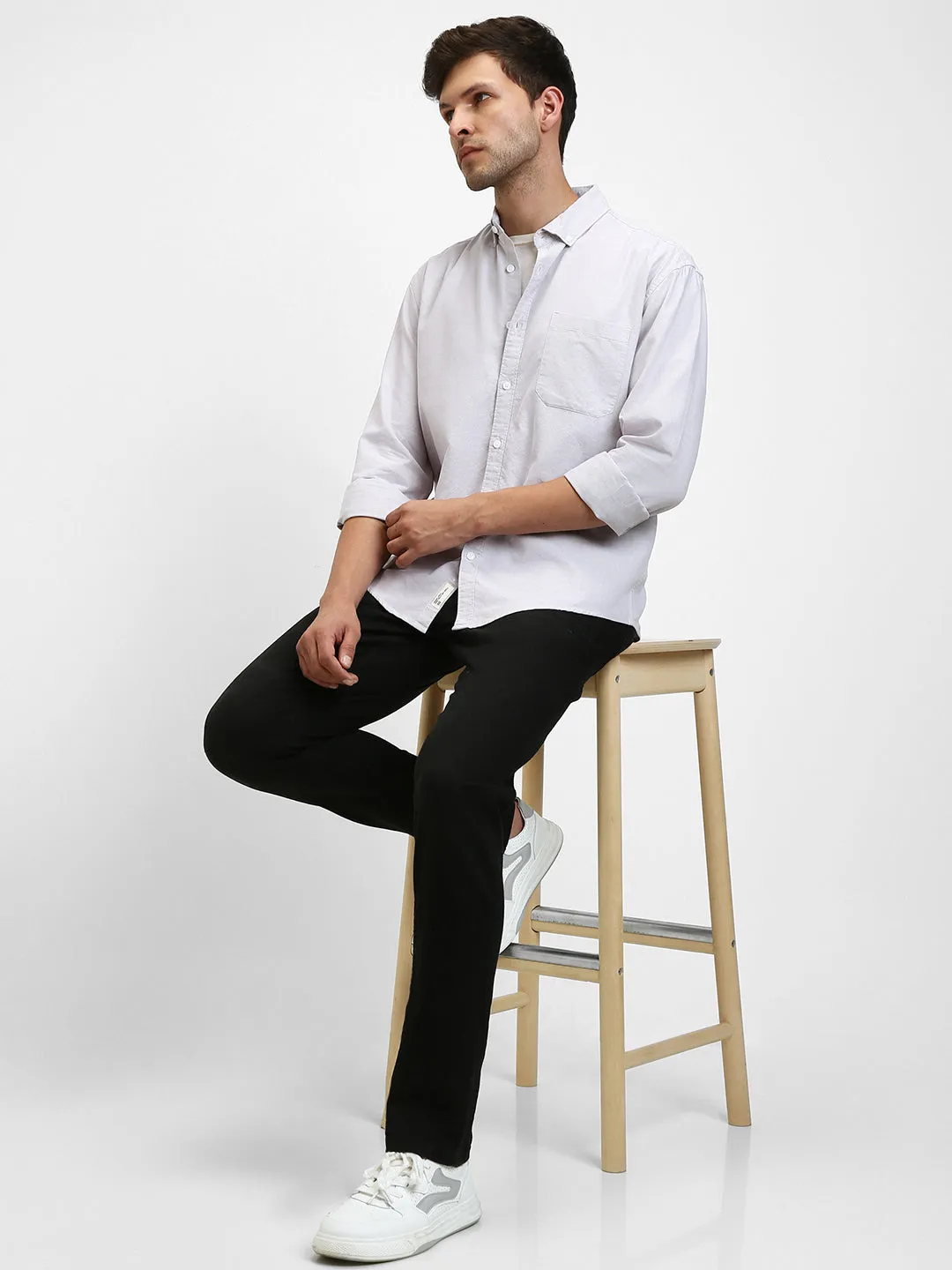 Men's Button Down Collar Regular Fit Solid Khaki Casual Shirts