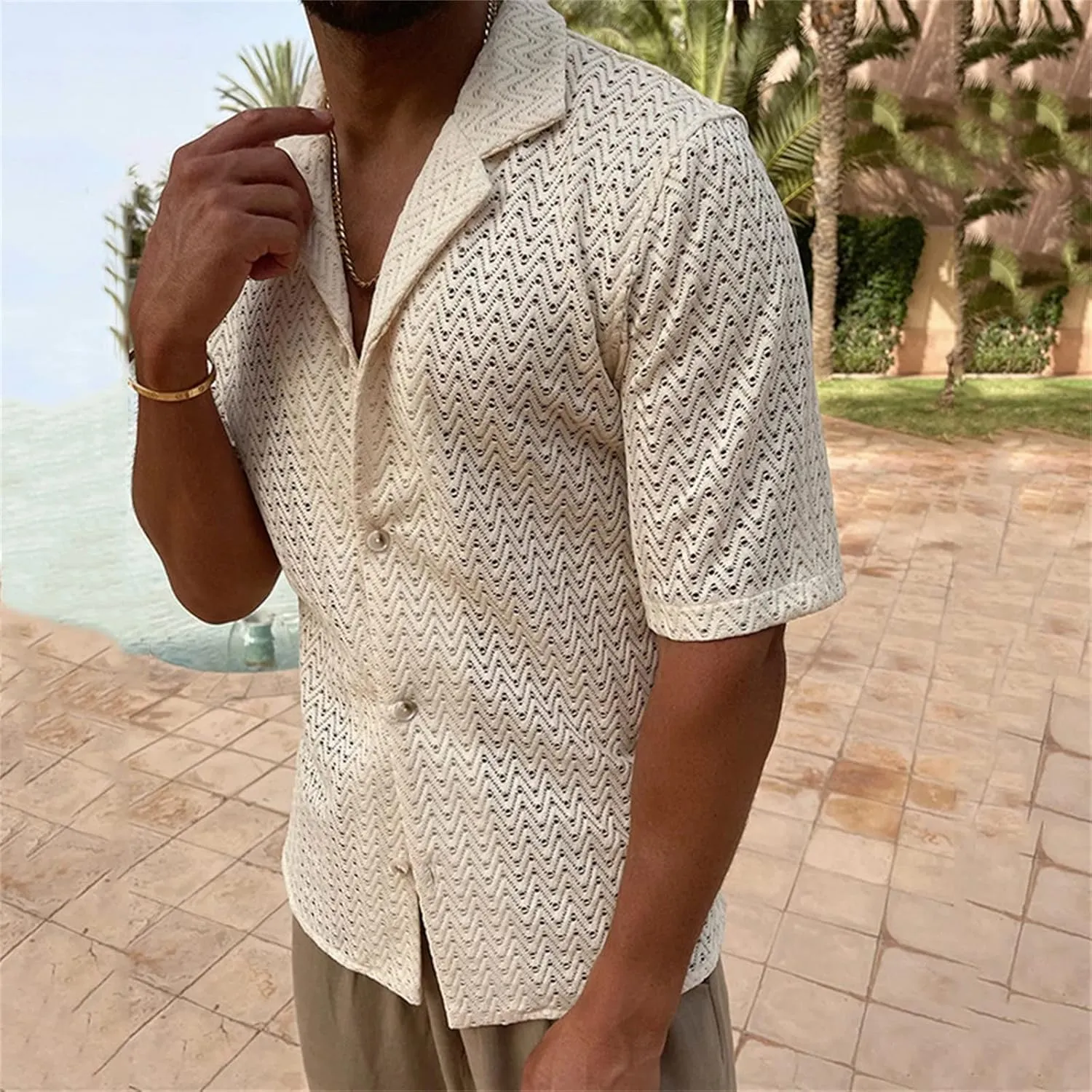 Men's Knit Shirts Short Sleeve Button Down Breathable Textured Cutout Polo Shirt Fashion Casual Summer Beach Shirts
