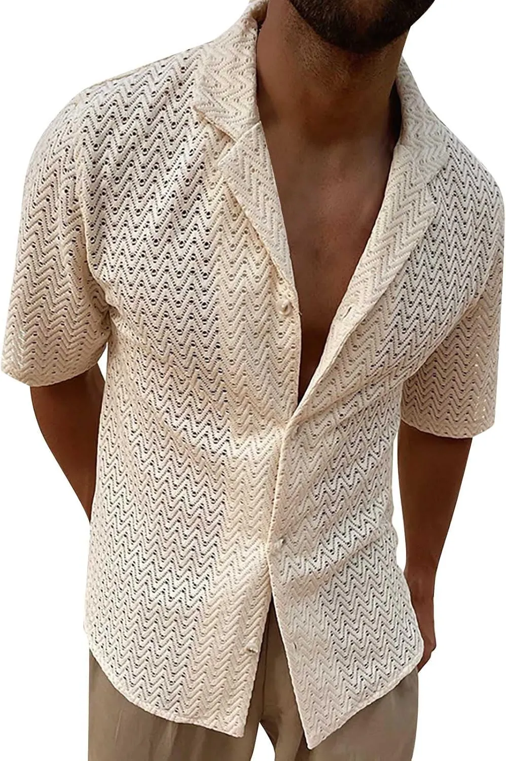 Men's Knit Shirts Short Sleeve Button Down Breathable Textured Cutout Polo Shirt Fashion Casual Summer Beach Shirts
