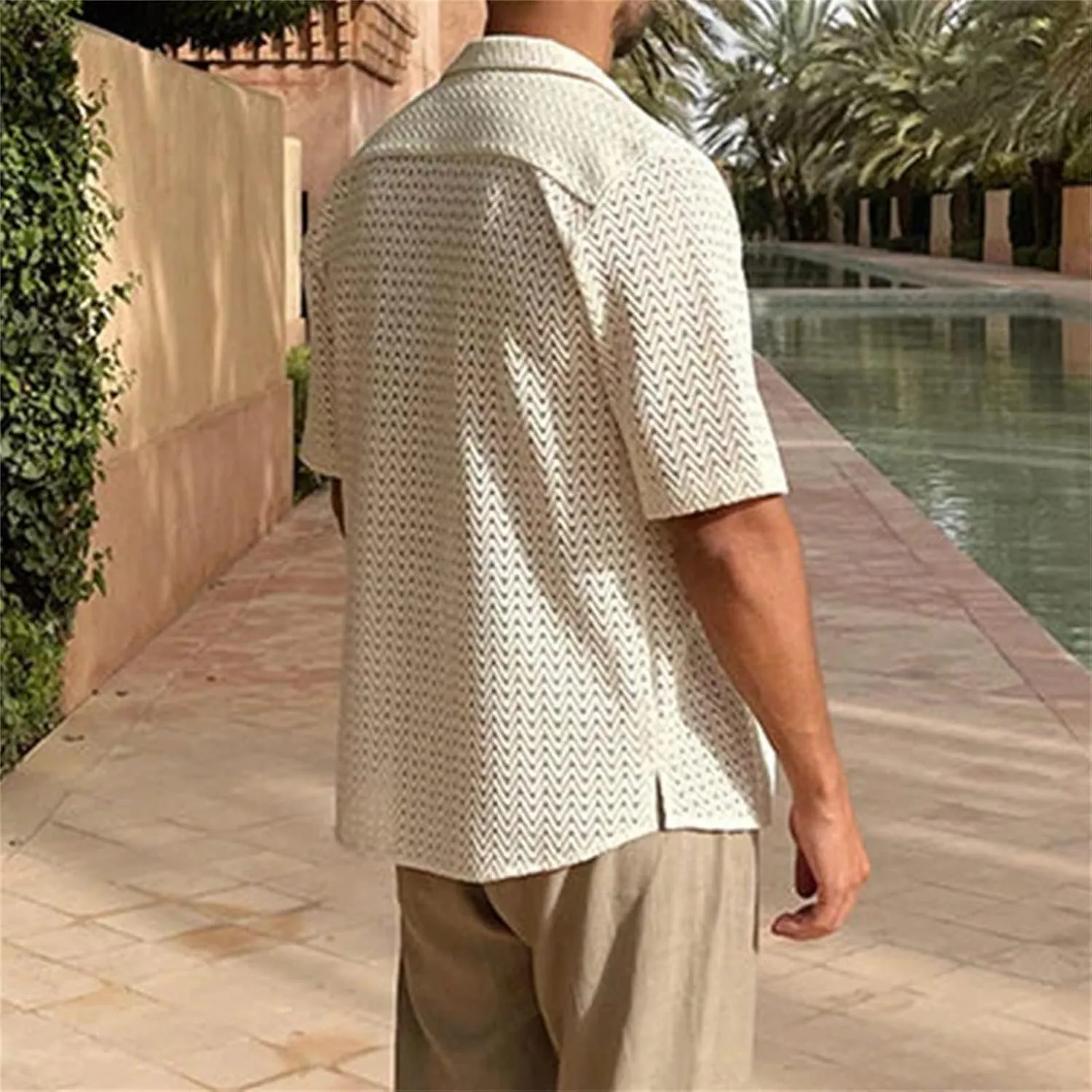 Men's Knit Shirts Short Sleeve Button Down Breathable Textured Cutout Polo Shirt Fashion Casual Summer Beach Shirts
