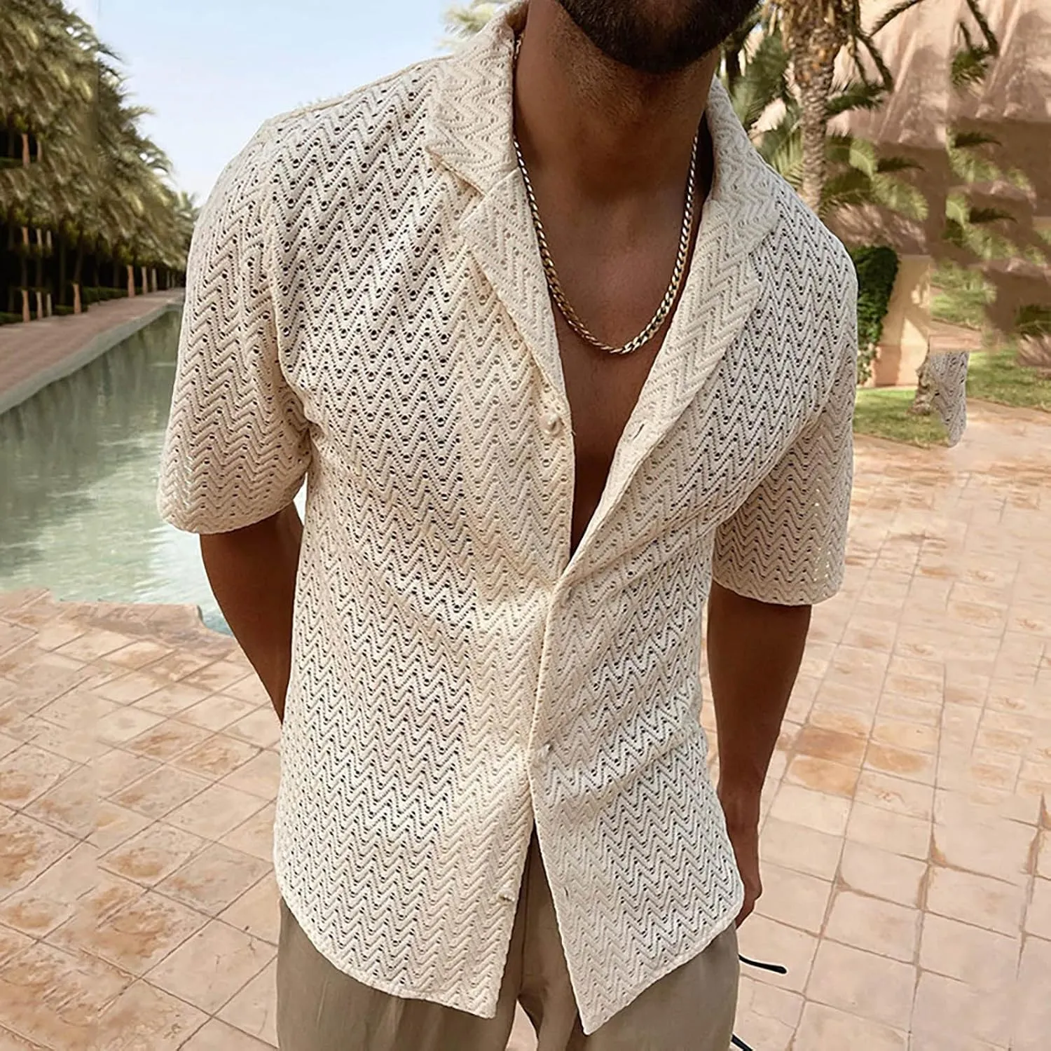 Men's Knit Shirts Short Sleeve Button Down Breathable Textured Cutout Polo Shirt Fashion Casual Summer Beach Shirts