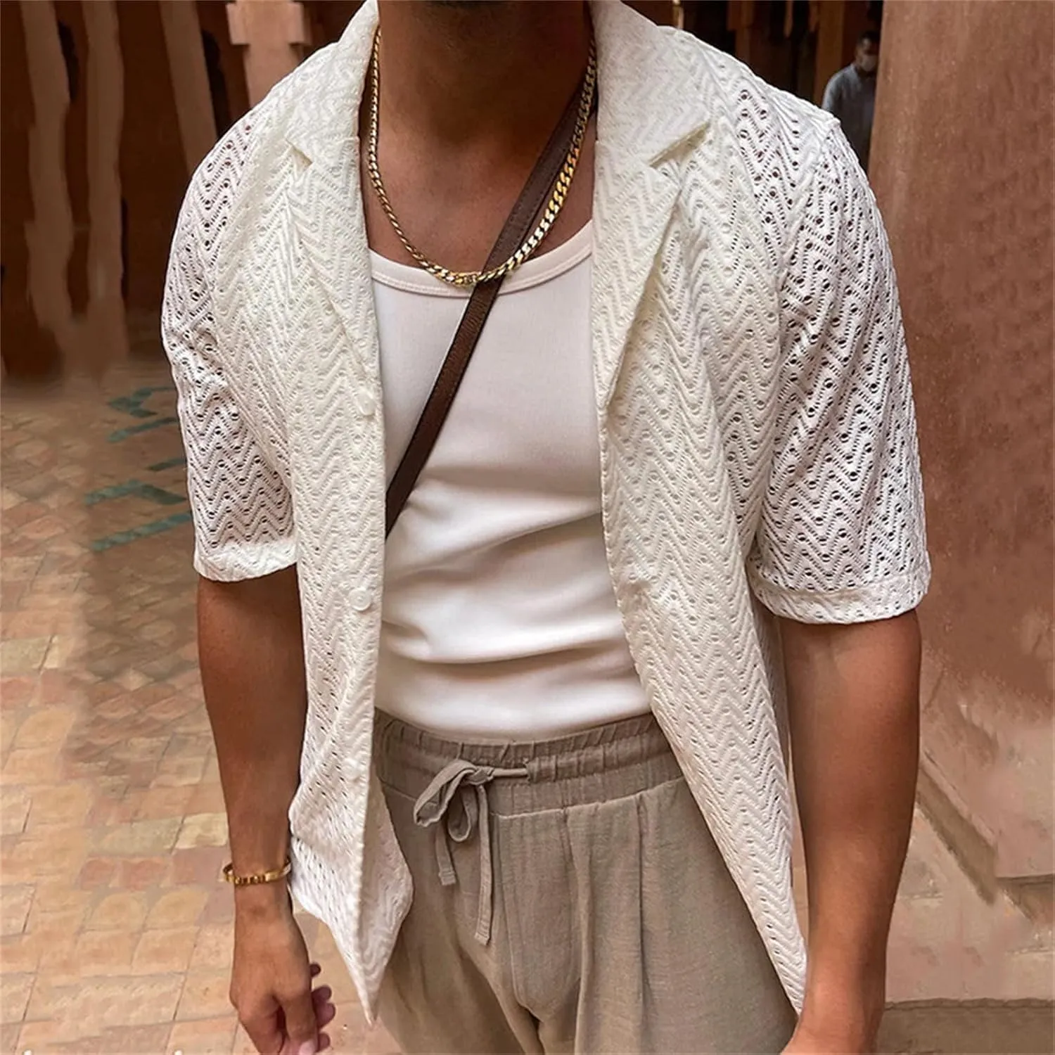 Men's Knit Shirts Short Sleeve Button Down Breathable Textured Cutout Polo Shirt Fashion Casual Summer Beach Shirts