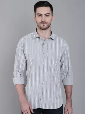 Men's Light Grey Casual Narrow Stripe Full Sleeve Shirt