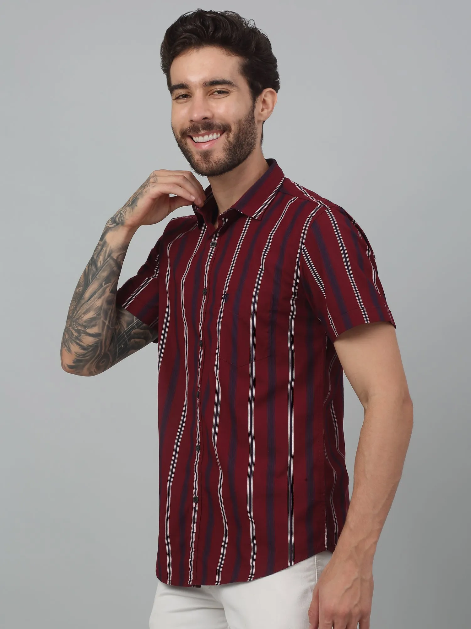 Men's Red Casual Broad Stripe Half sleeve Shirt