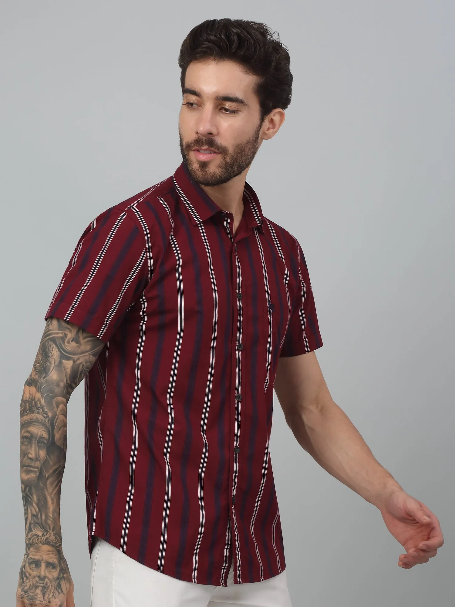 Men's Red Casual Broad Stripe Half sleeve Shirt