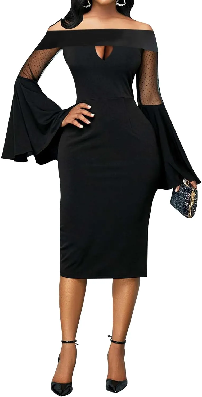 MOJICK Pencil Dresses for Women Elegant Ruffles Sleeve Dresses Wear to Work