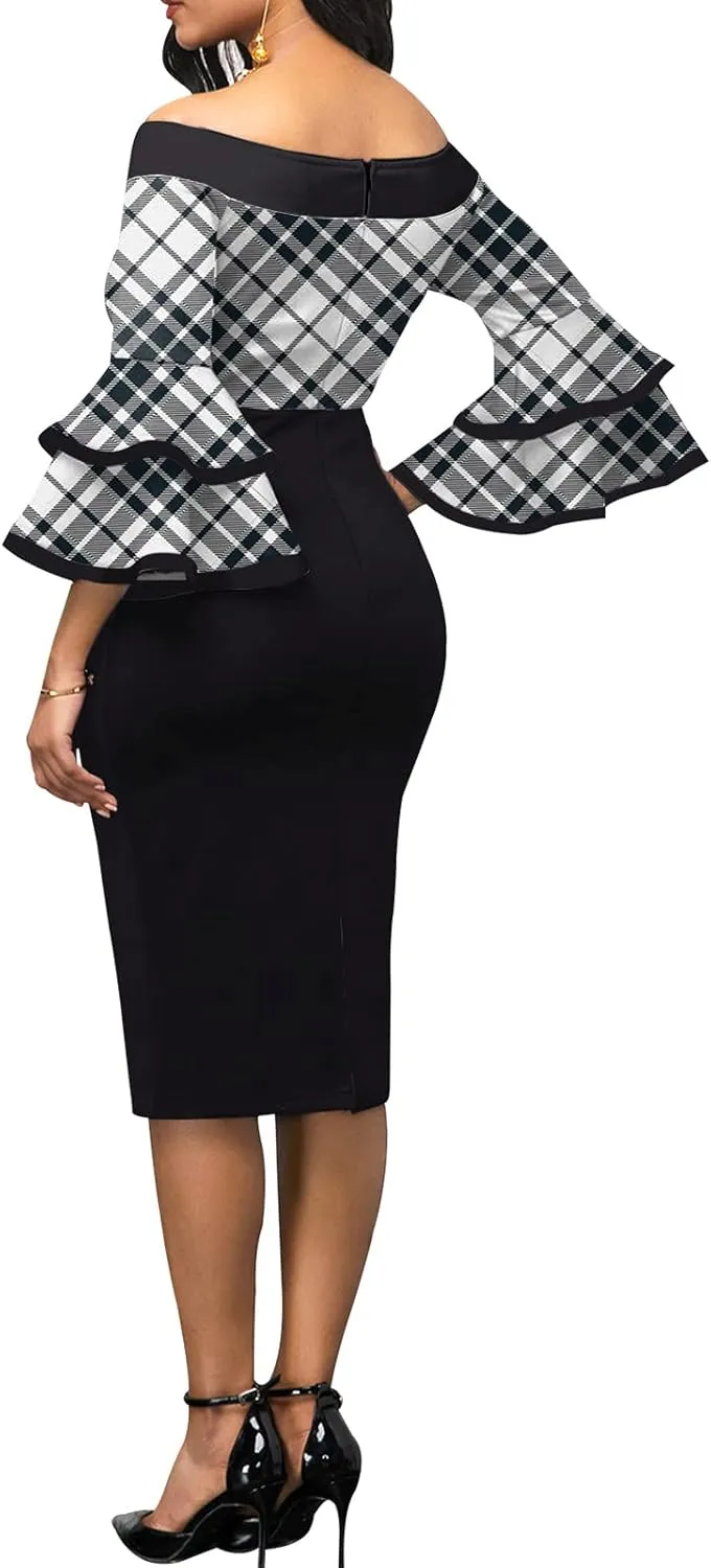 MOJICK Pencil Dresses for Women Elegant Ruffles Sleeve Dresses Wear to Work