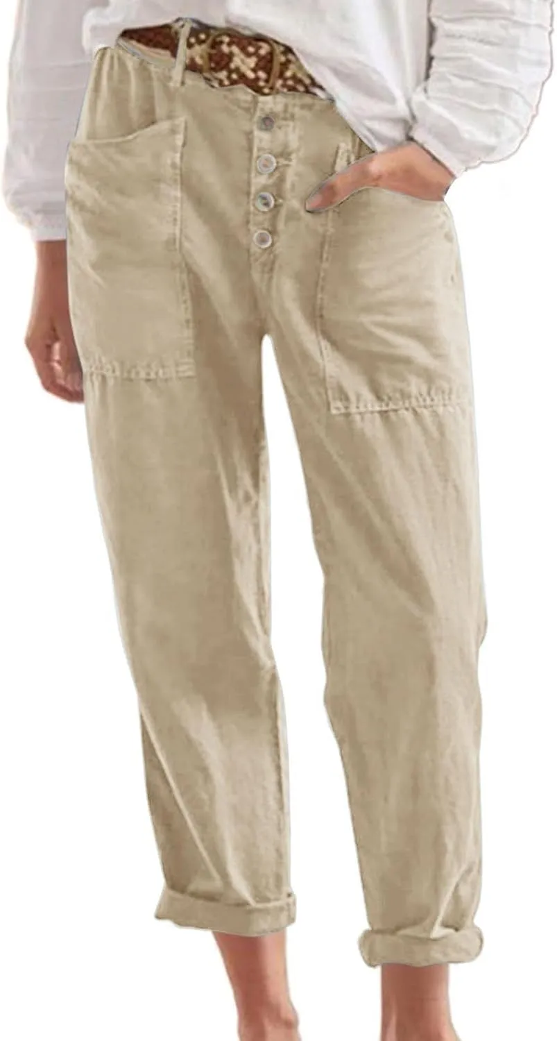 Plus Size Linen Pants for Women High Waisted Button Down Trousers Straight Leg Casual Loose Summer Cotton Pants