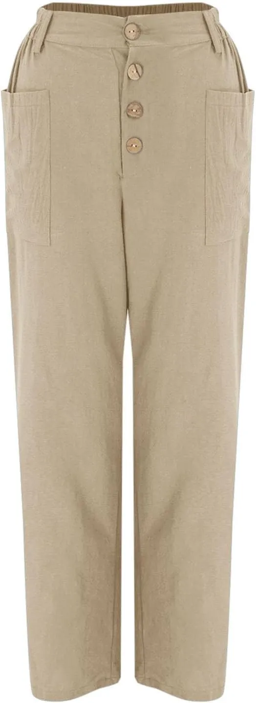 Plus Size Linen Pants for Women High Waisted Button Down Trousers Straight Leg Casual Loose Summer Cotton Pants