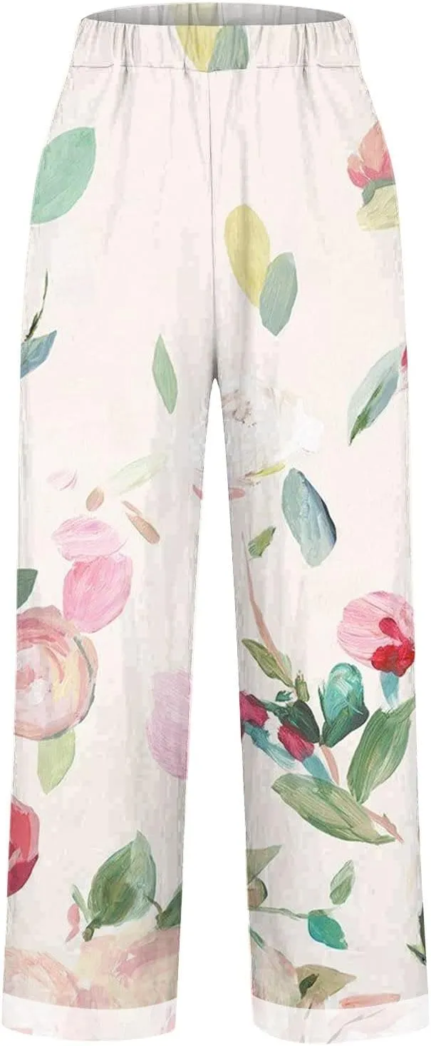 Plus Size Linen Pants Women's Casual Pants Elastic High Waisted Straight Leg Trousers Loose Summer Beach Bottoms