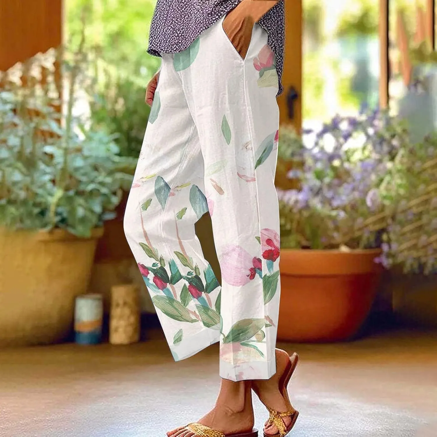 Plus Size Linen Pants Women's Casual Pants Elastic High Waisted Straight Leg Trousers Loose Summer Beach Bottoms