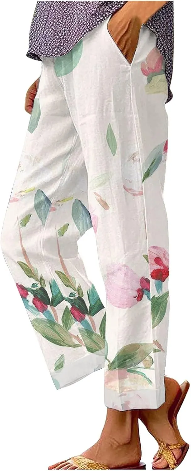 Plus Size Linen Pants Women's Casual Pants Elastic High Waisted Straight Leg Trousers Loose Summer Beach Bottoms
