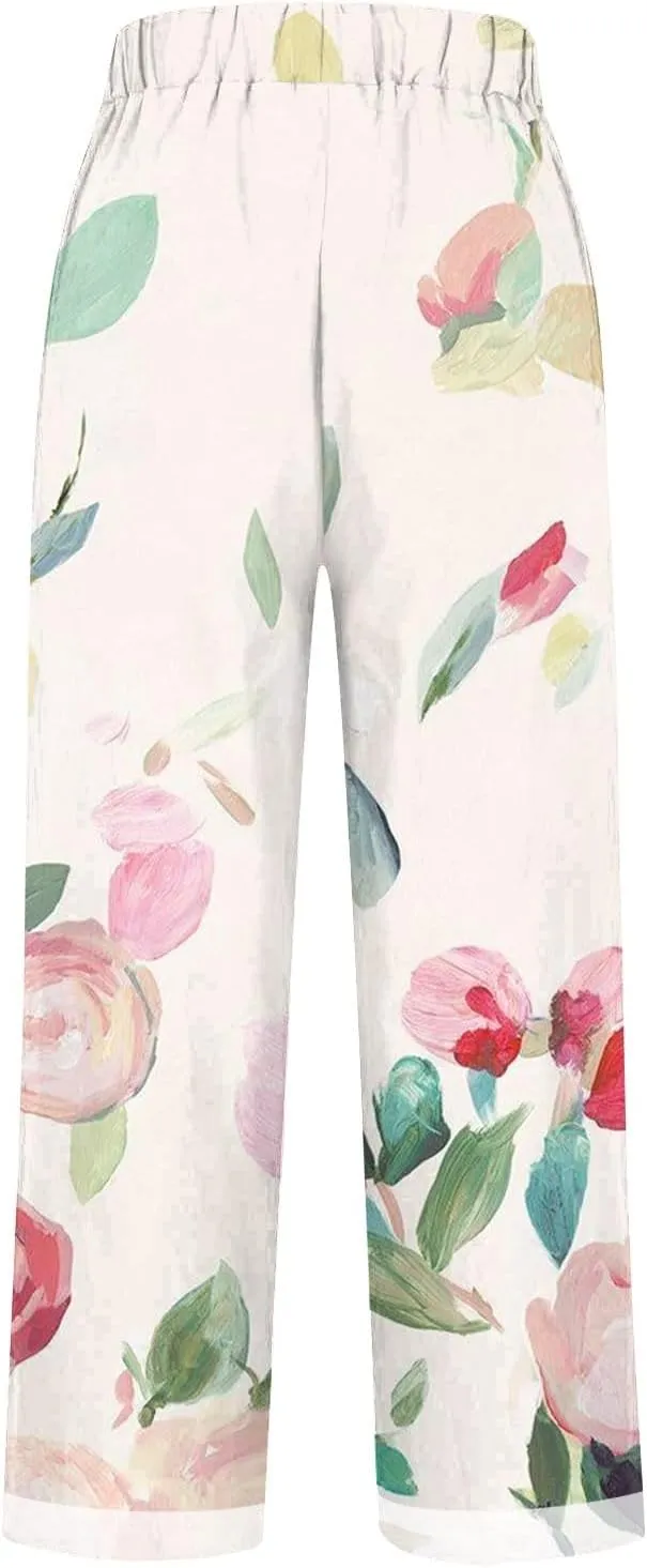 Plus Size Linen Pants Women's Casual Pants Elastic High Waisted Straight Leg Trousers Loose Summer Beach Bottoms