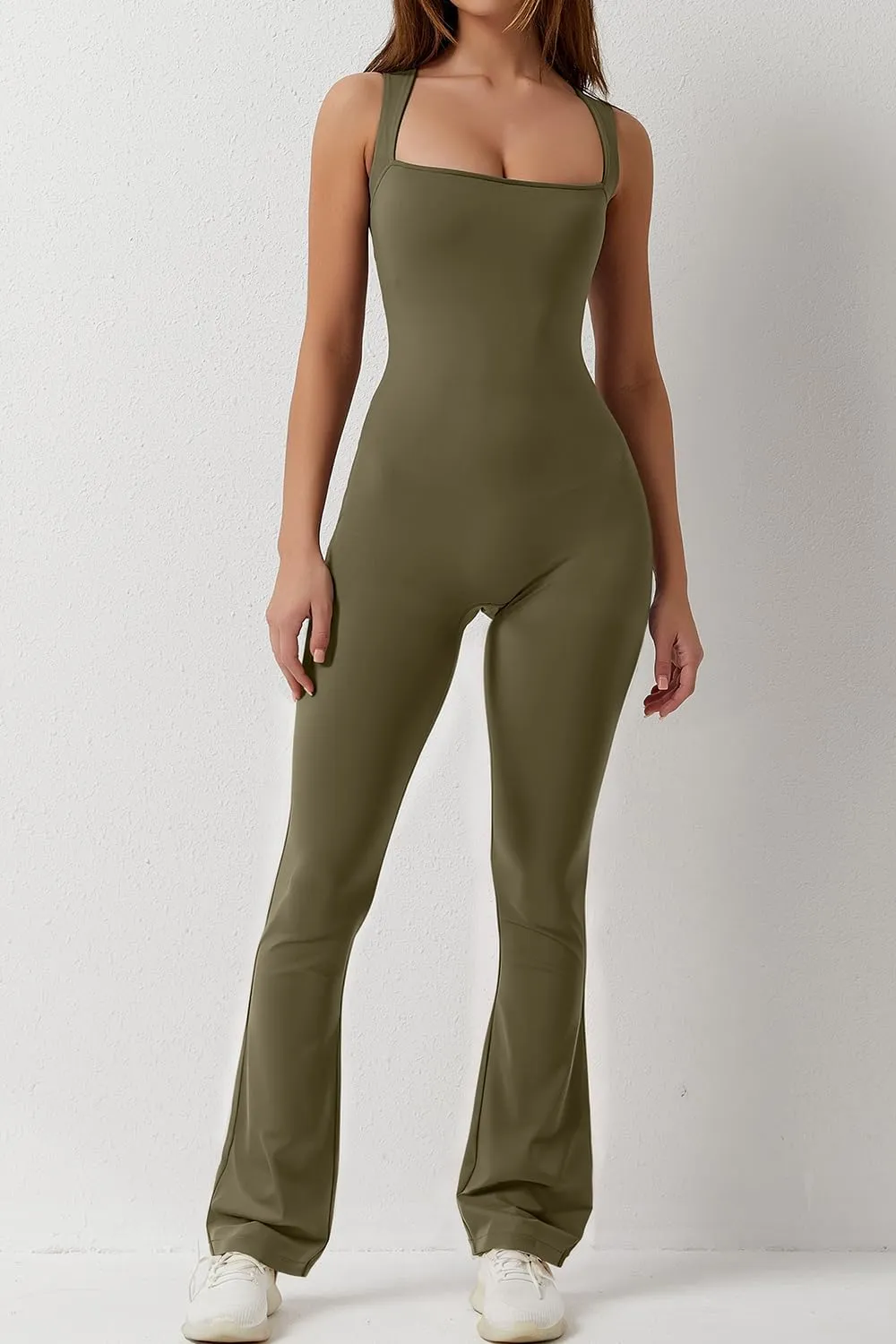 QINSEN Black Jumpsuit for Women Sleeveless Sexy Suqare Neck Stretch Flare Leggings Romper Unitard