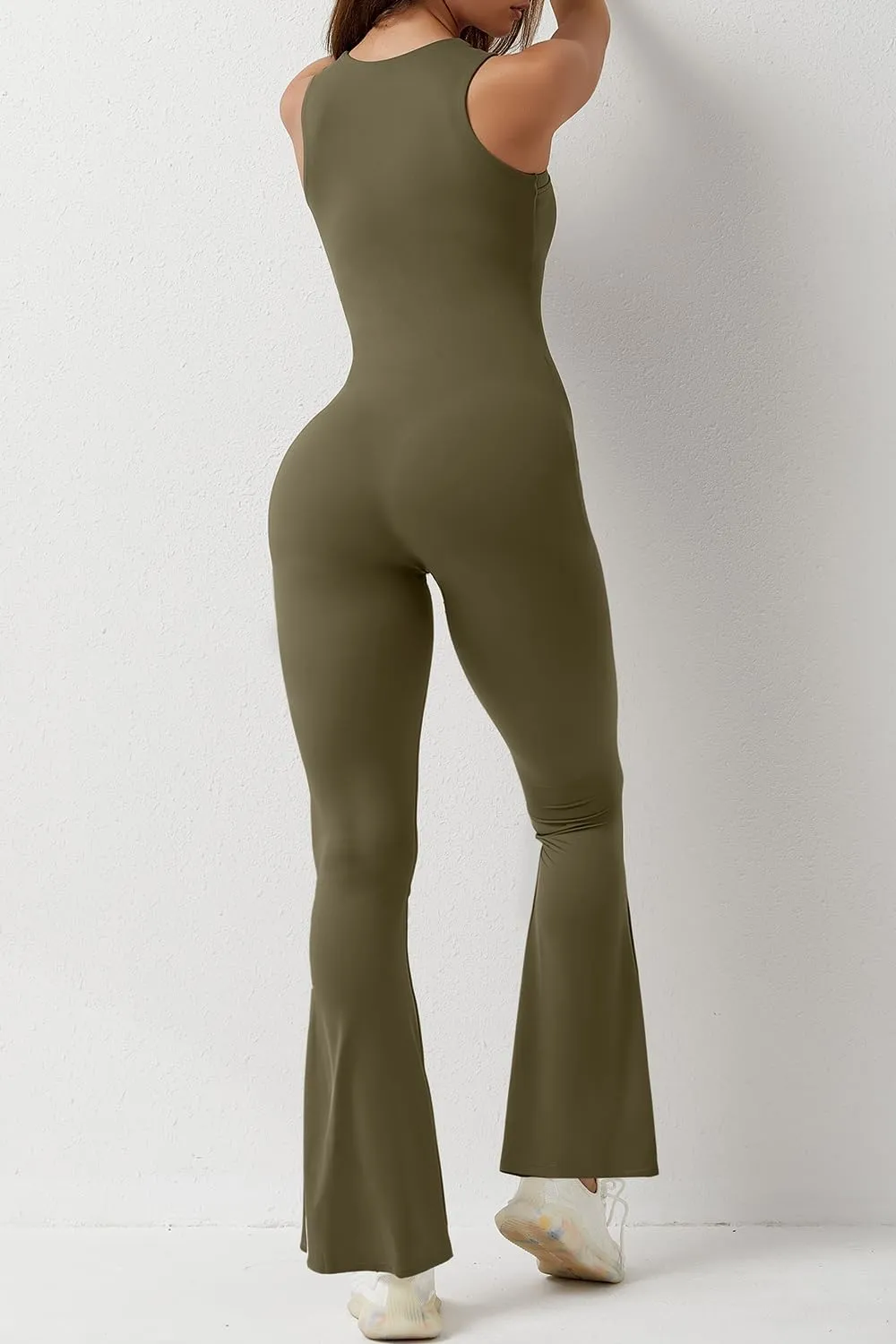 QINSEN Black Jumpsuit for Women Sleeveless Sexy Suqare Neck Stretch Flare Leggings Romper Unitard