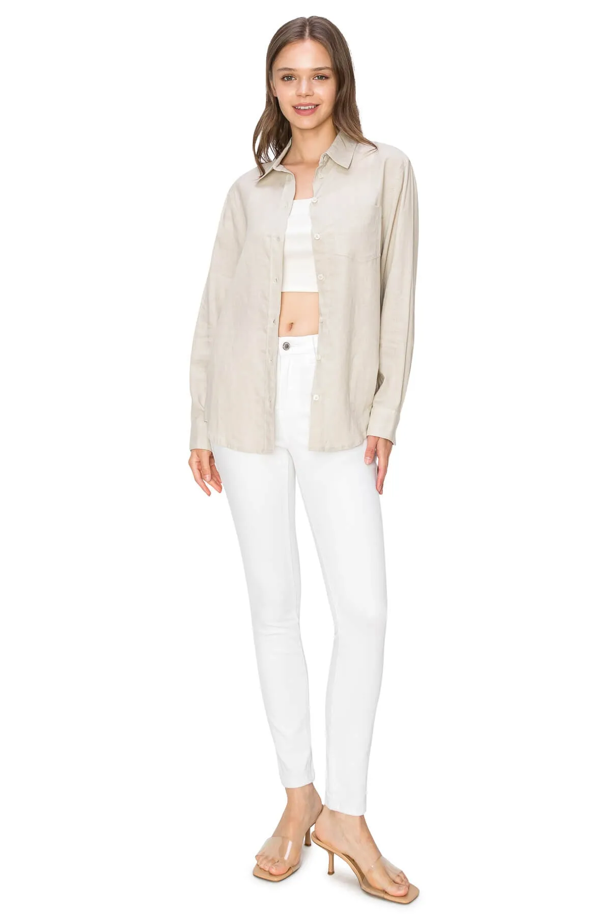 Relaxed Fit Linen Button-Down Shirts - Light Taupe