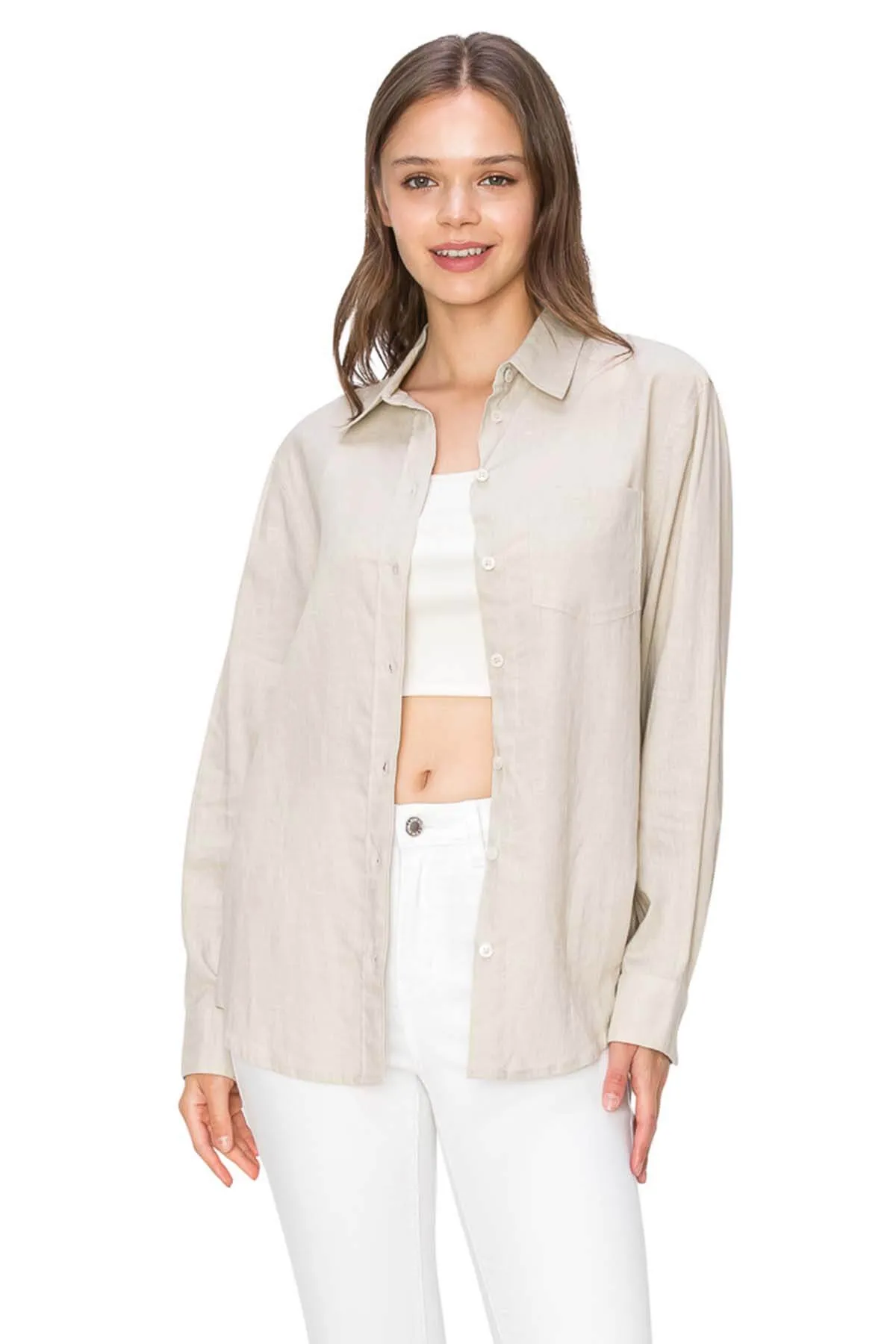 Relaxed Fit Linen Button-Down Shirts - Light Taupe
