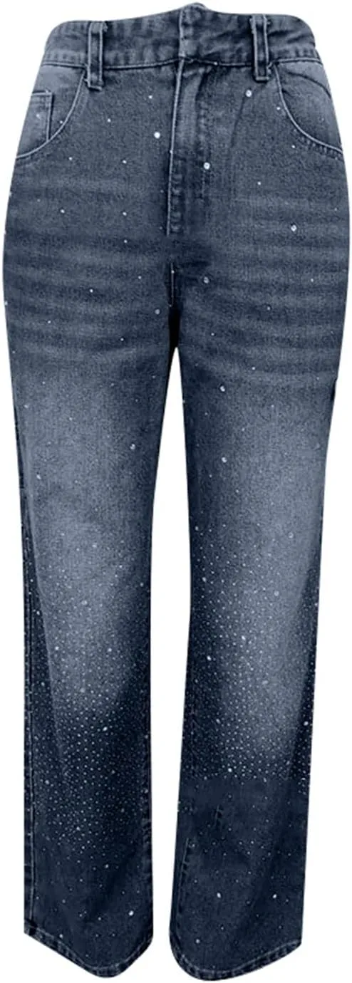 Straight Leg Jeans for Women High Waisted Stretchy Crystal Denim Pants Loose Boyfriend Trendy Streetwear Trousers