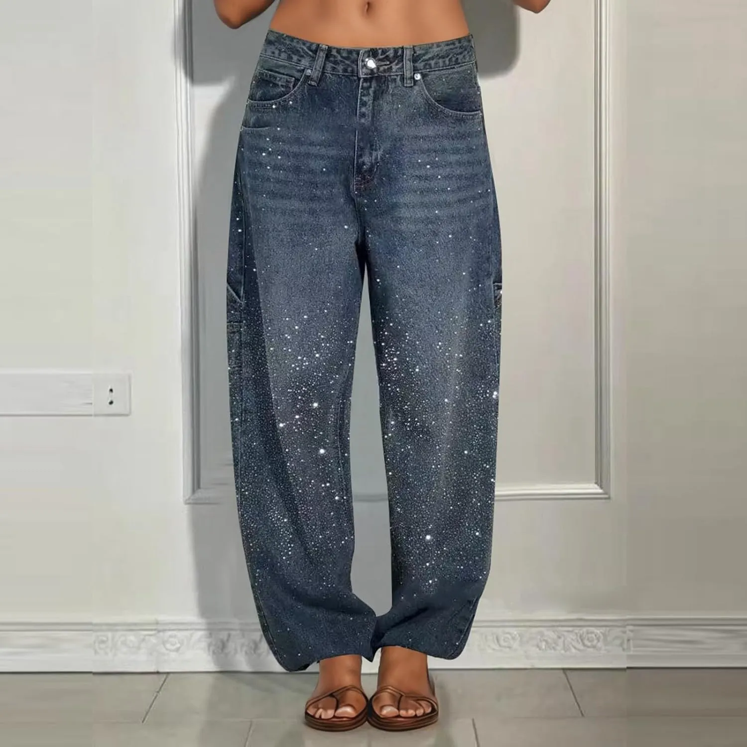 Straight Leg Jeans for Women High Waisted Stretchy Crystal Denim Pants Loose Boyfriend Trendy Streetwear Trousers