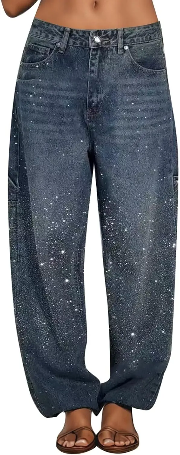 Straight Leg Jeans for Women High Waisted Stretchy Crystal Denim Pants Loose Boyfriend Trendy Streetwear Trousers
