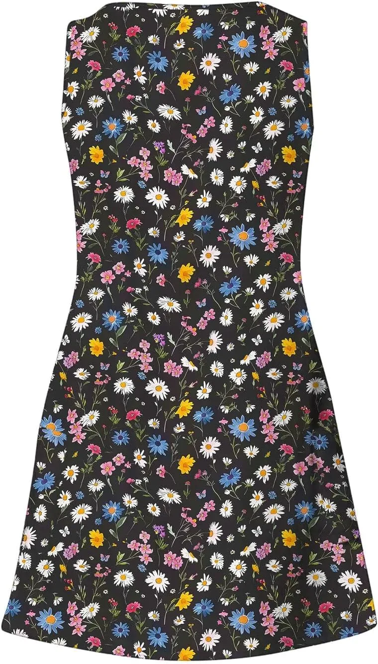 Summer Floral Sundress for Women Casual Sleeveless V Neck Button Down A Line Short Dress Beach Vacation Mini Dress