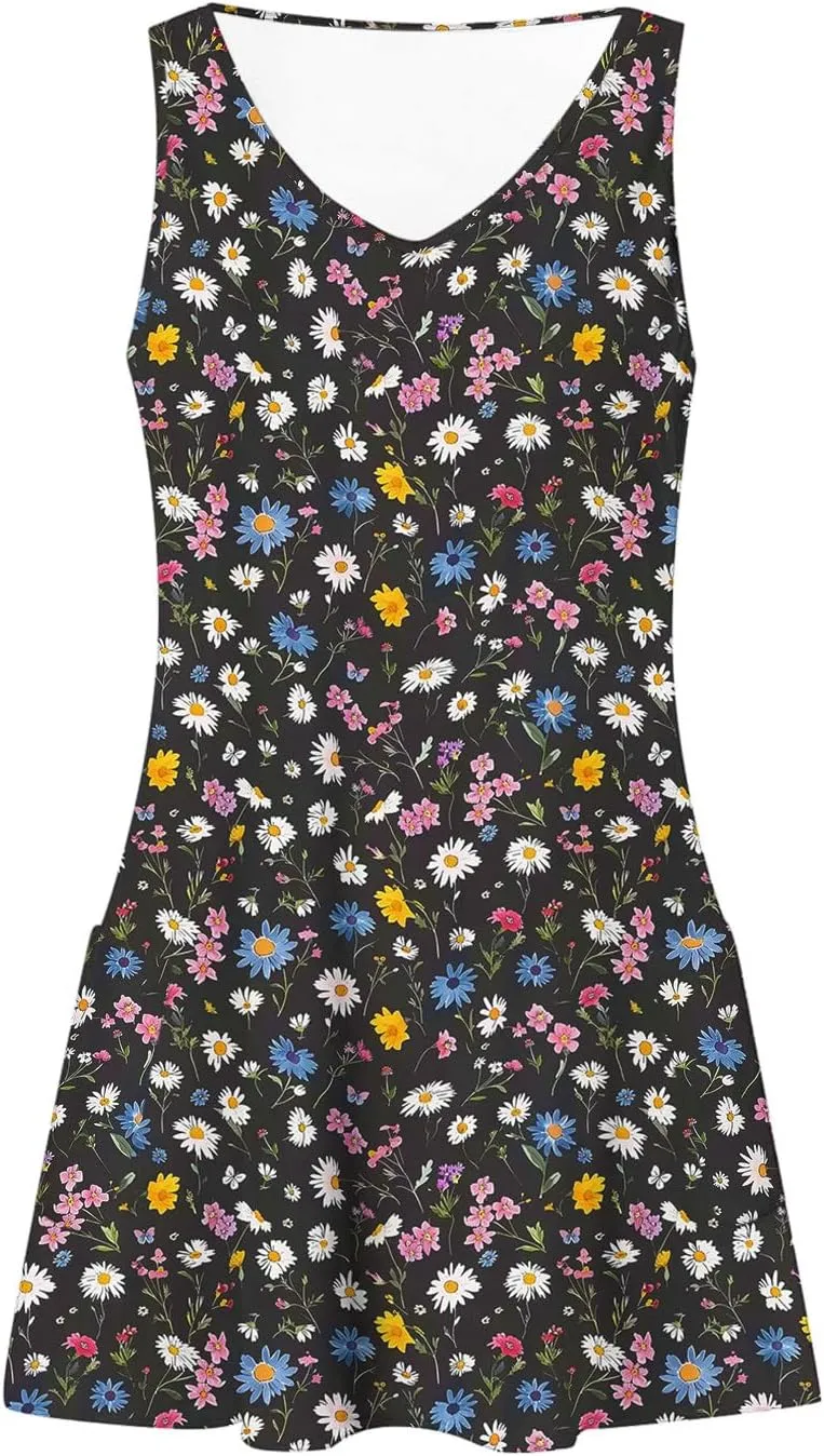 Summer Floral Sundress for Women Casual Sleeveless V Neck Button Down A Line Short Dress Beach Vacation Mini Dress